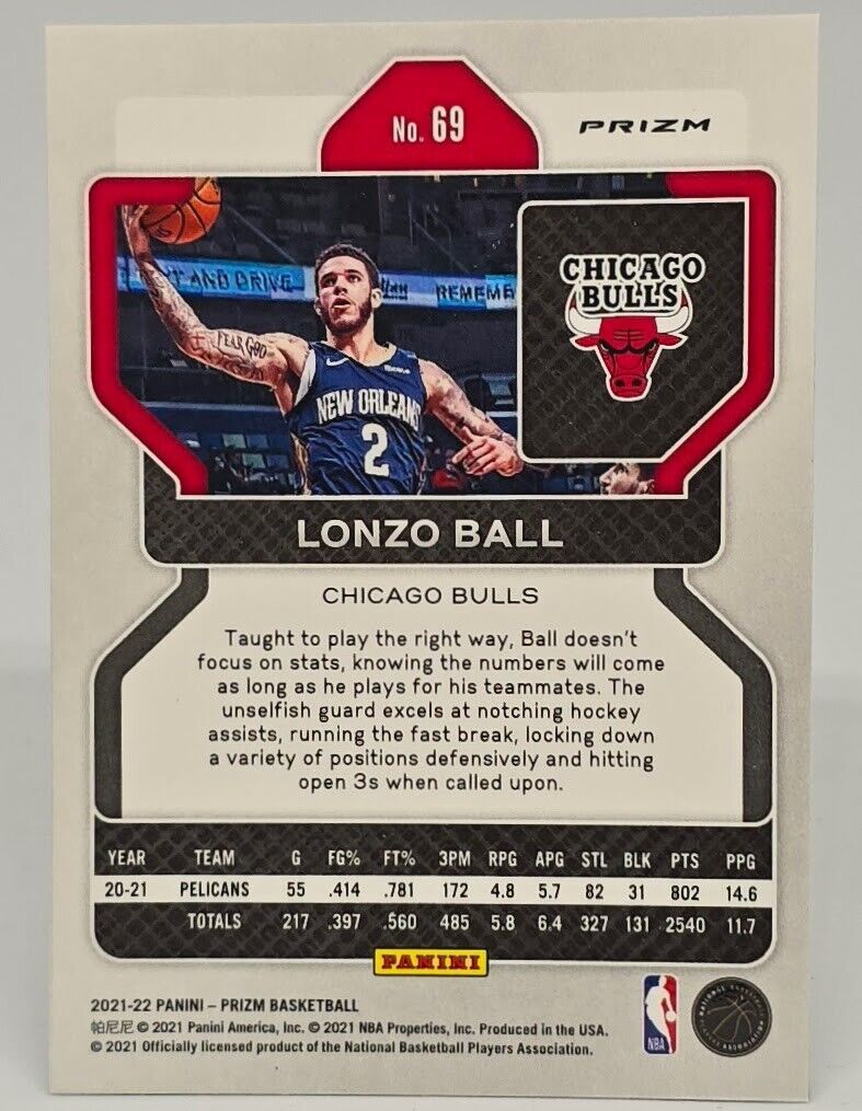 2021-22 Panini Prizm Silver Prizm #69 Lonzo Ball Chicago Bulls