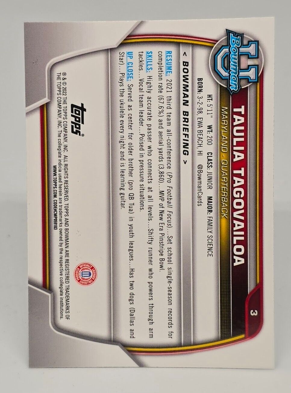 2022 Bowman Chrome University Taulia Tagovailoa #3 Rookie
