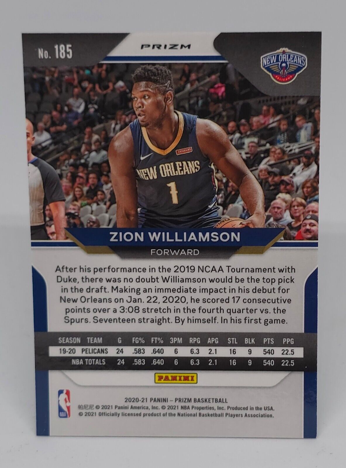 2020-21 Panini Prizm Zion Williamson #185 Silver! Pelicans! #1994