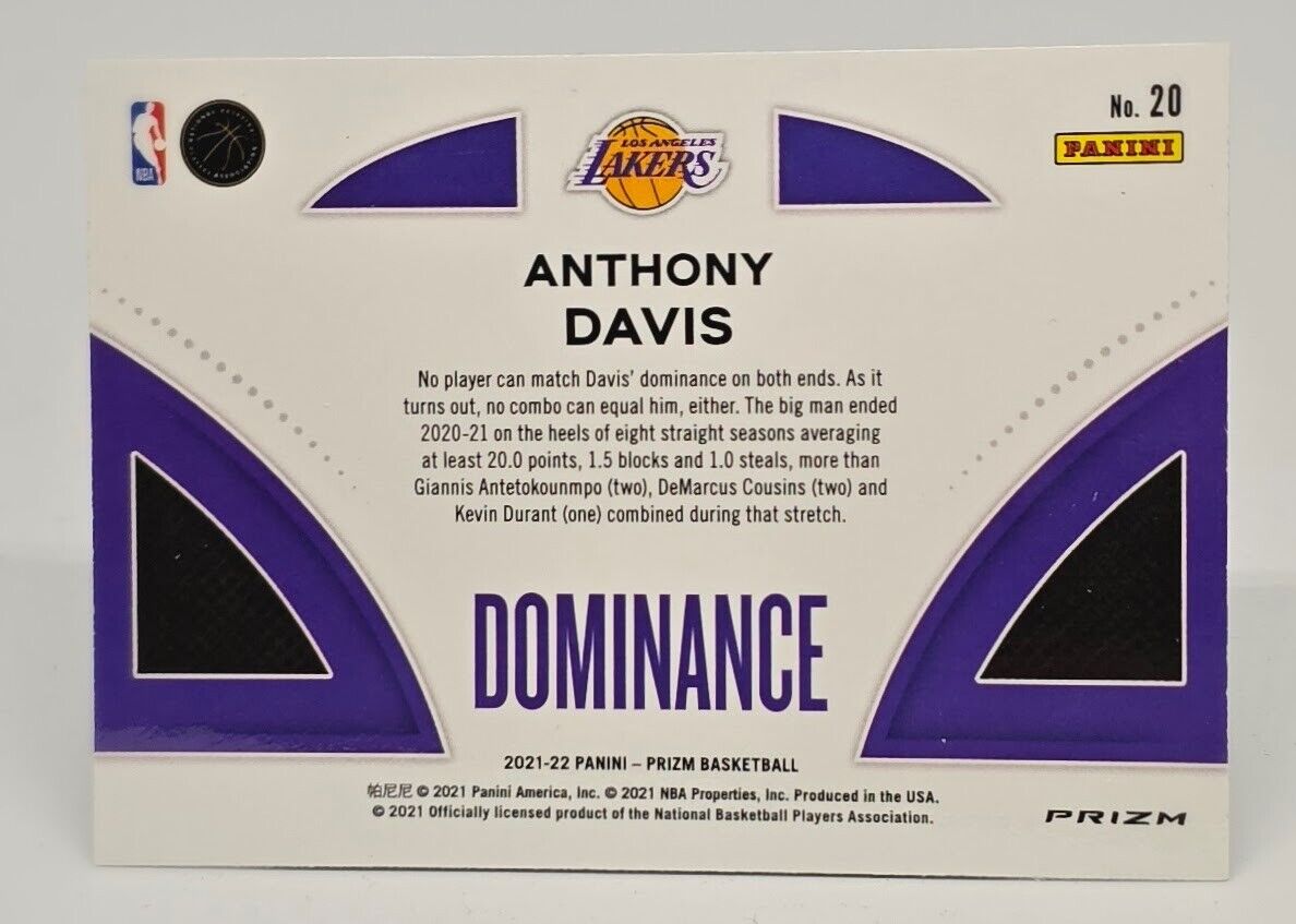 2021-22 Panini Prizm Anthony Davis #20 Dominance Prizm Green Los Angeles Lakers