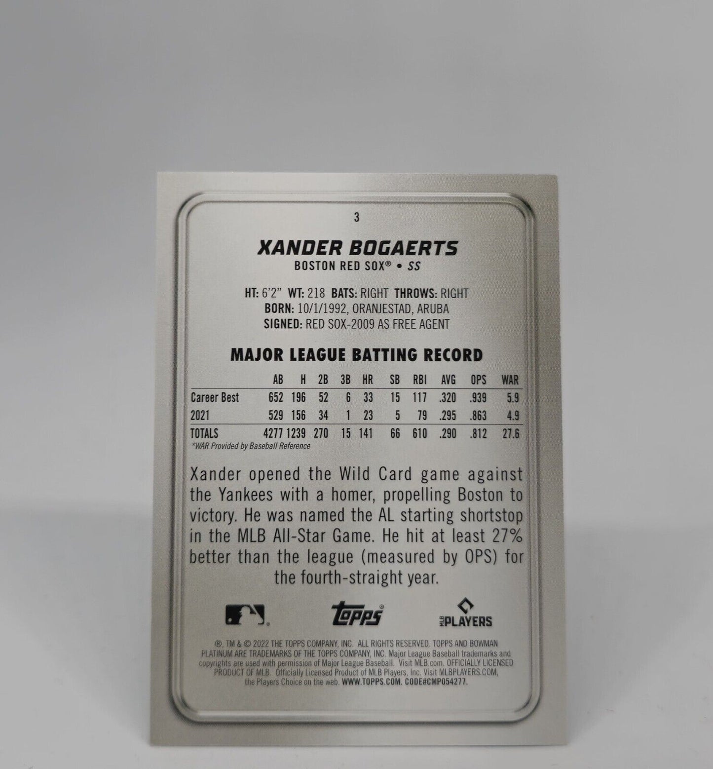 2022 Bowman Platinum #3 Xander Bogaerts Emerald Ice Foilboard #/299