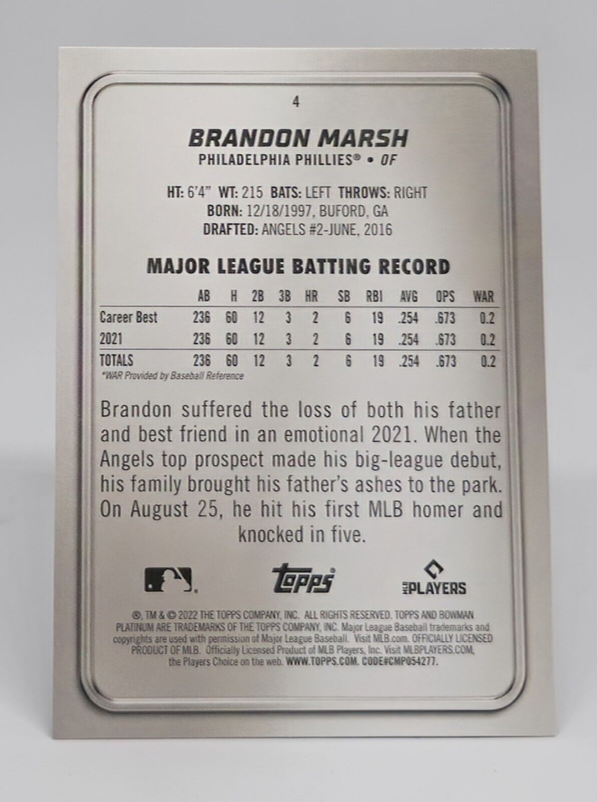 2022 Bowman Platinum #4 Brandon Marsh RC Philadelphia Phillies
