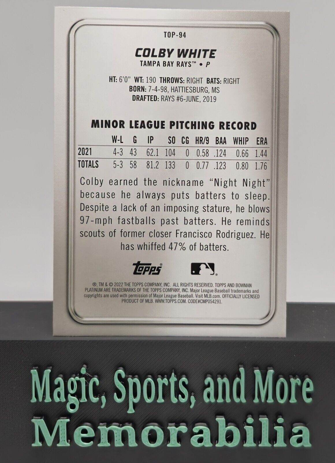 2022 Bowman Platinum #TOP-94 *Ice Foil* Colby White  Tampa Bay Rays